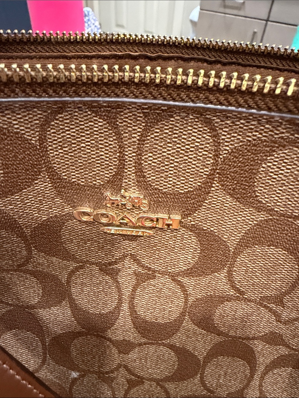 Coach Brown Signature Canvas Tote with Leather Trim - Picture 2 of 7